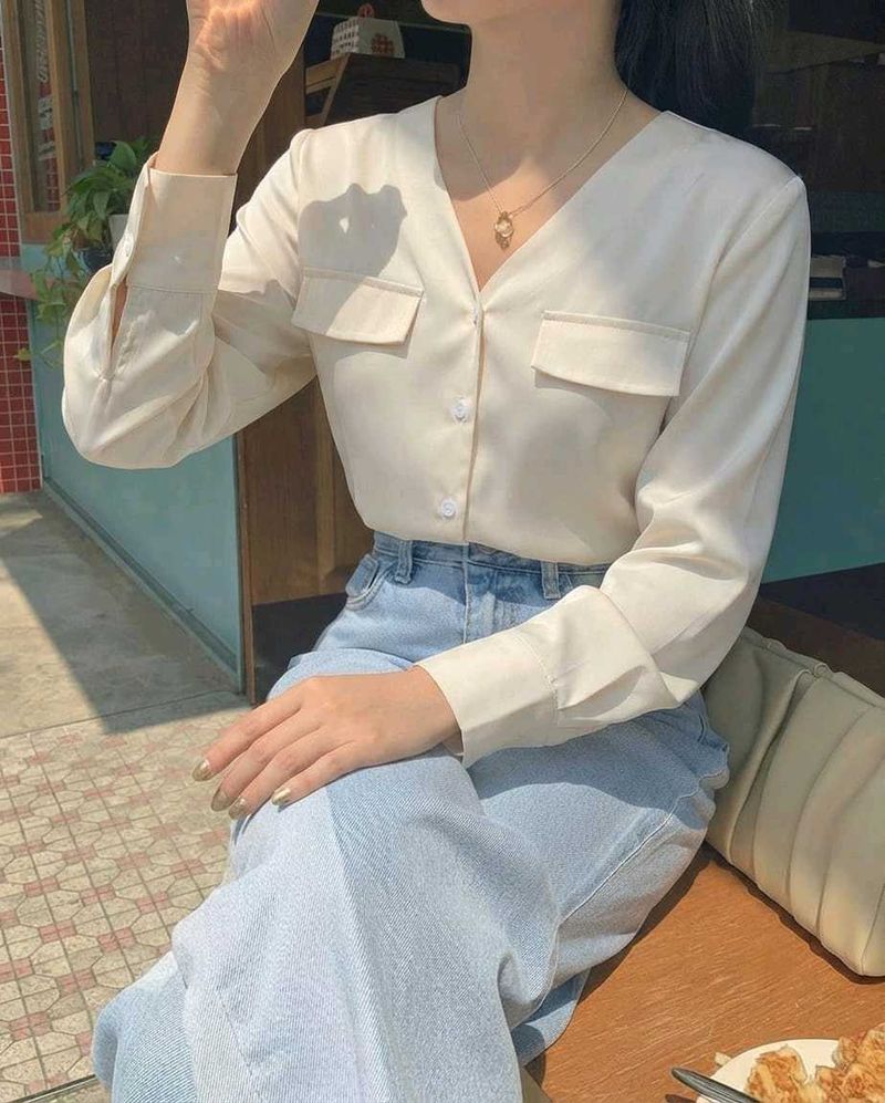 New with tag Chic Cream V-Neck Button-Up Shirt
