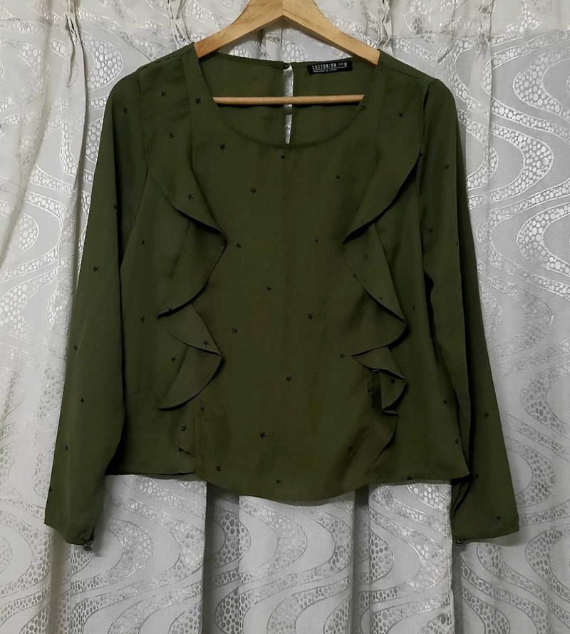 Chic Olive Green Star Print Ruffle Blouse