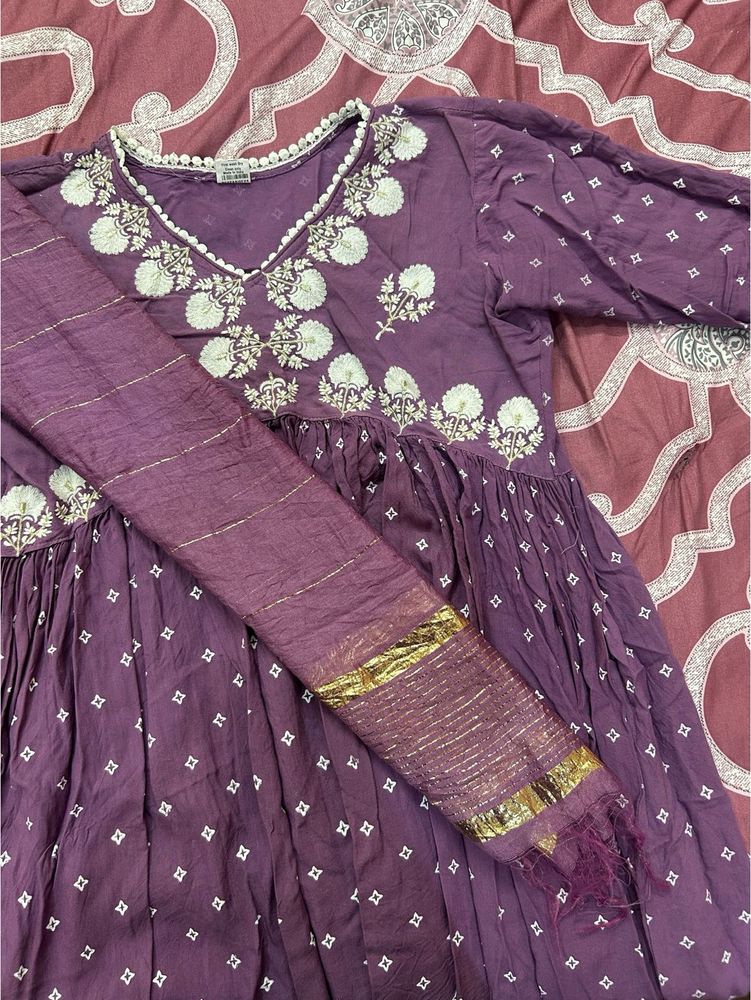 Georgous Purple Anarkali Type Kurthi Set