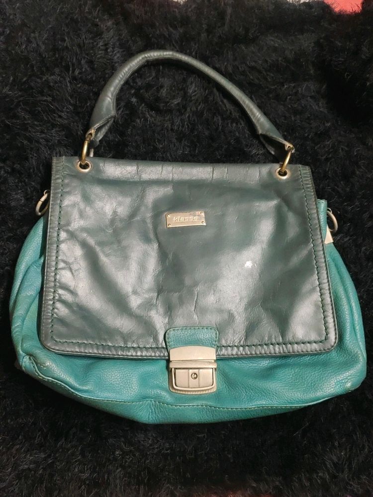 Chic Teal &amp; Gray Leather Handbag