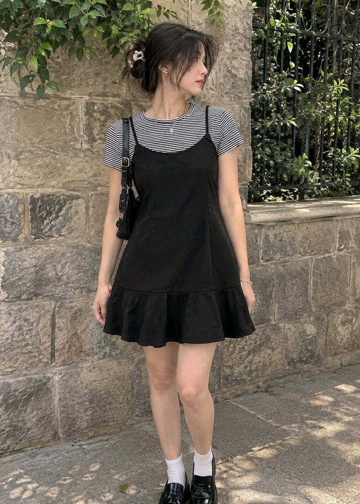 Black Ruffle Hem Slip Dress