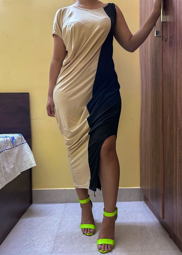 Asymmetrical Color Block Midi Dress