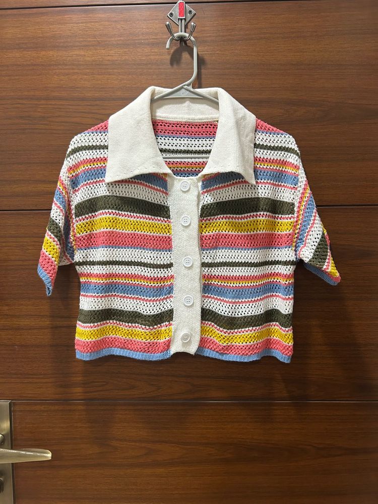 Colorful Striped Knit Collared Top