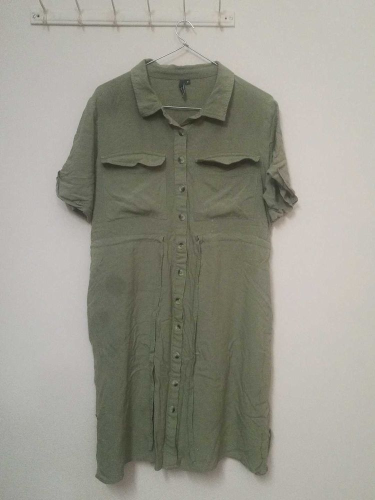 Olive Green Button-Up Shirt Dress
