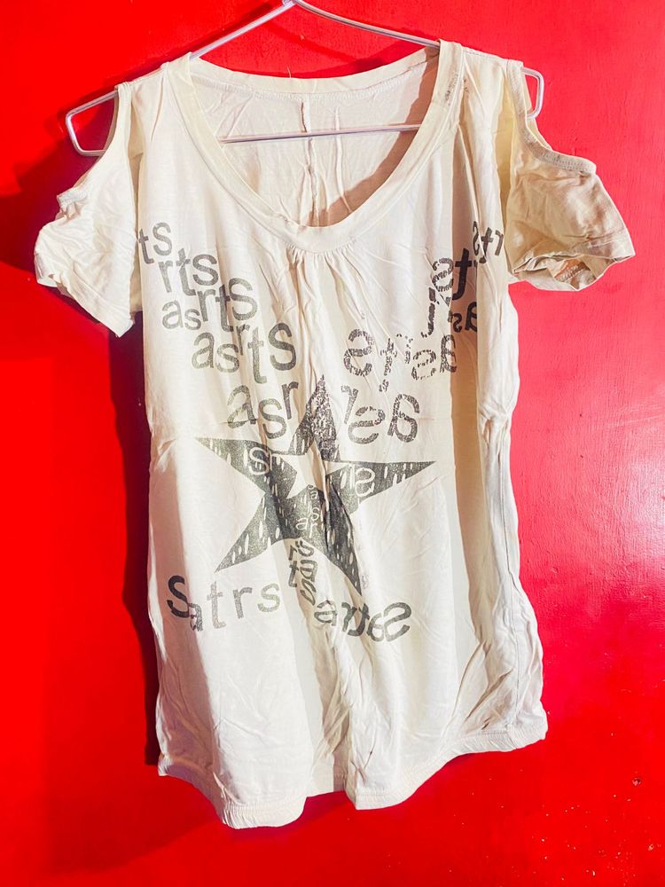 Cream Graphic Tee with Cutout Shoulders