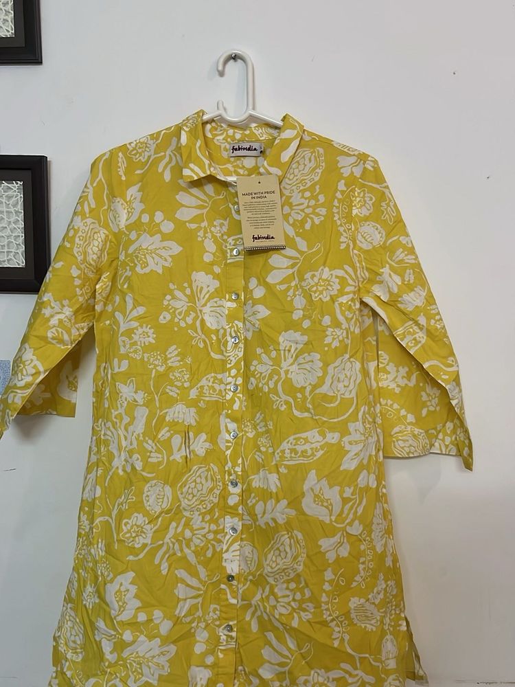 Fabindia Women’s Yellow Floral Cotton Shirt Dress