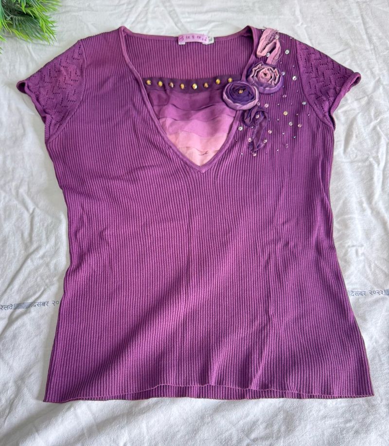 Purple Embellished V-Neck Top