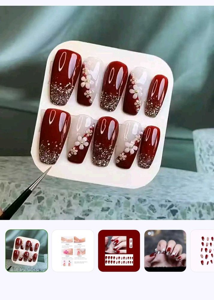 Elegant Red Glitter Flower Press-On Nails
