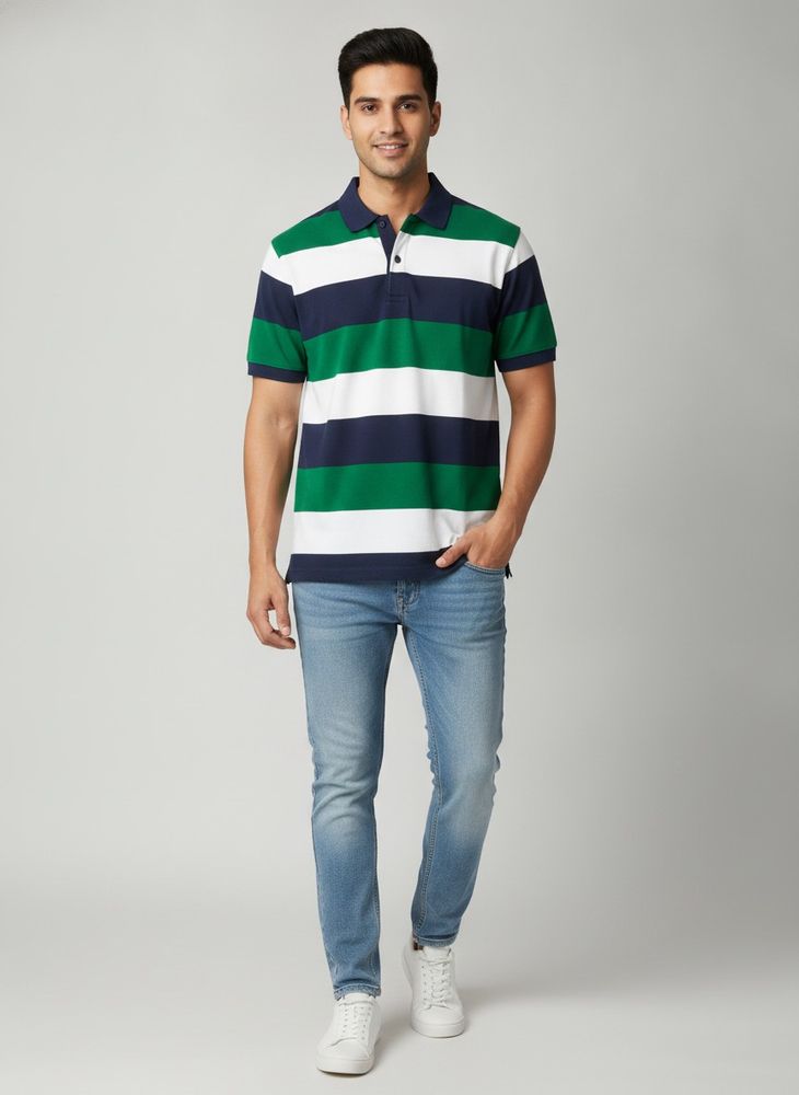 Striped Polo Shirt - Green, White, Navy