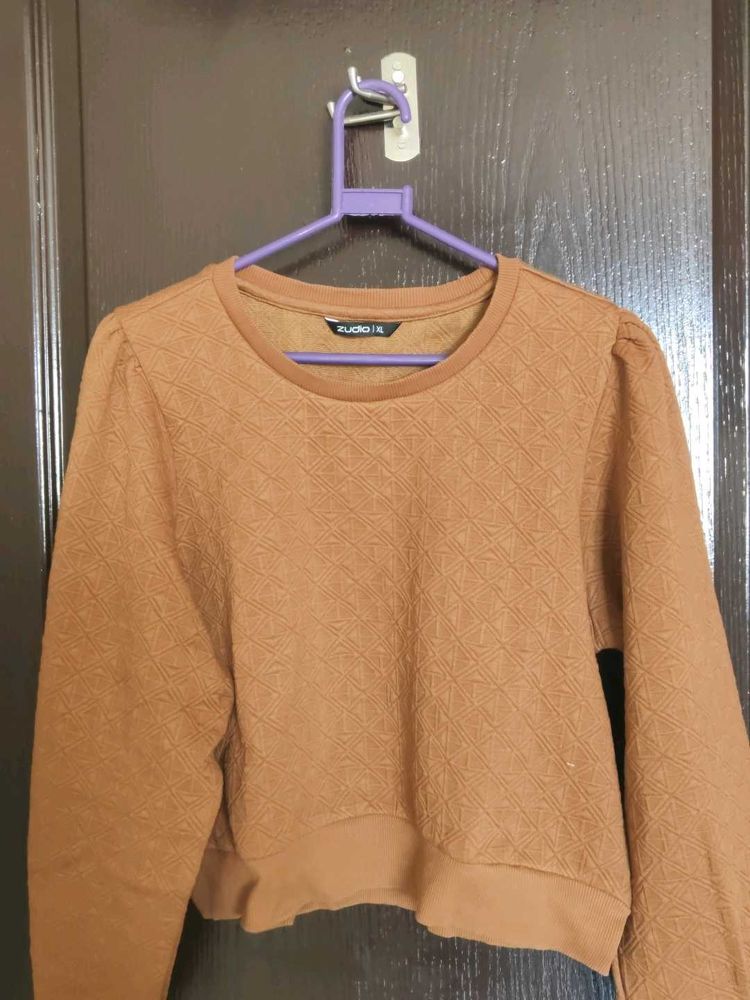 Brown Textured Cropped Sweatshirt