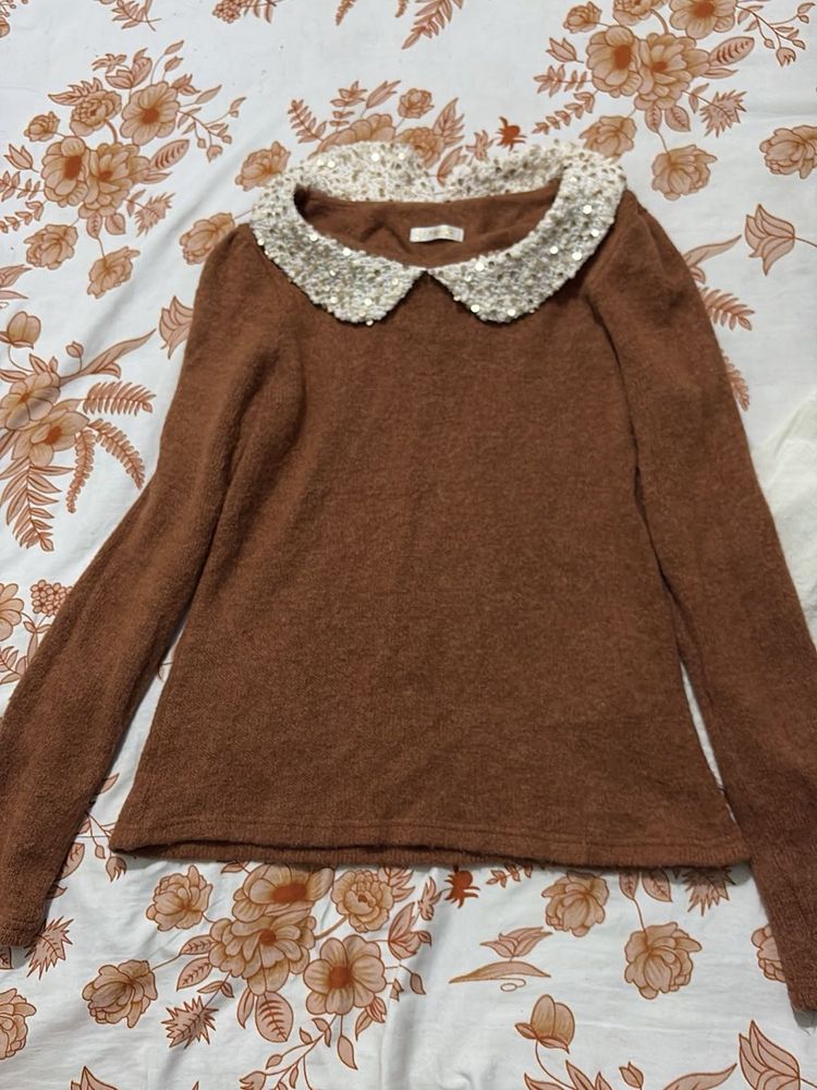 Brown Sequin Collar Sweater
