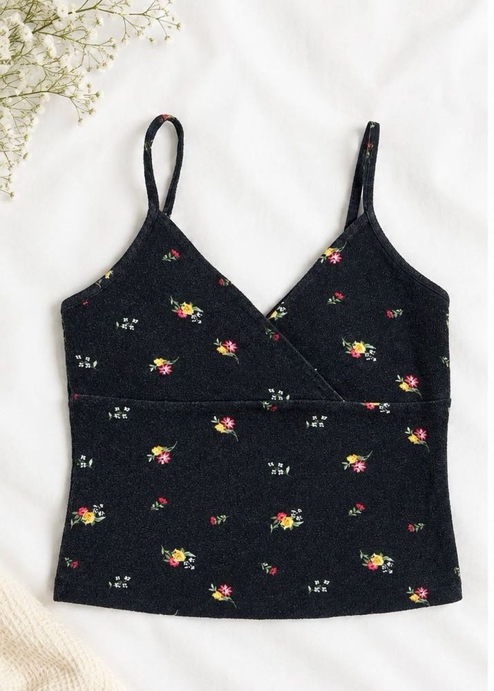 Floral Print Spaghetti Strap Black Crop Top
