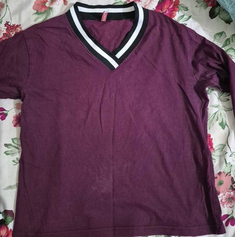 Wine V-Neck Long Sleeve Top