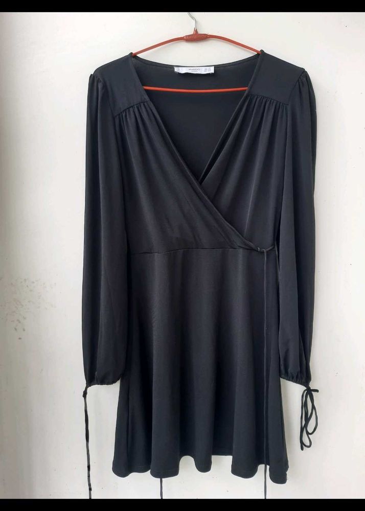 Mango women Black Wrap Dress with Tie Sleeves