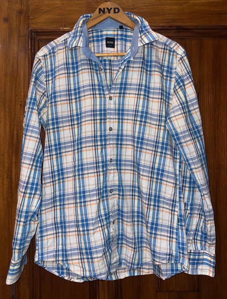 BOSS Men's Blue Plaid Casual Shirt