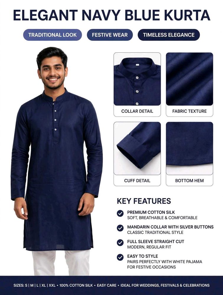 Elegant Navy Blue Cotton Silk Kurta