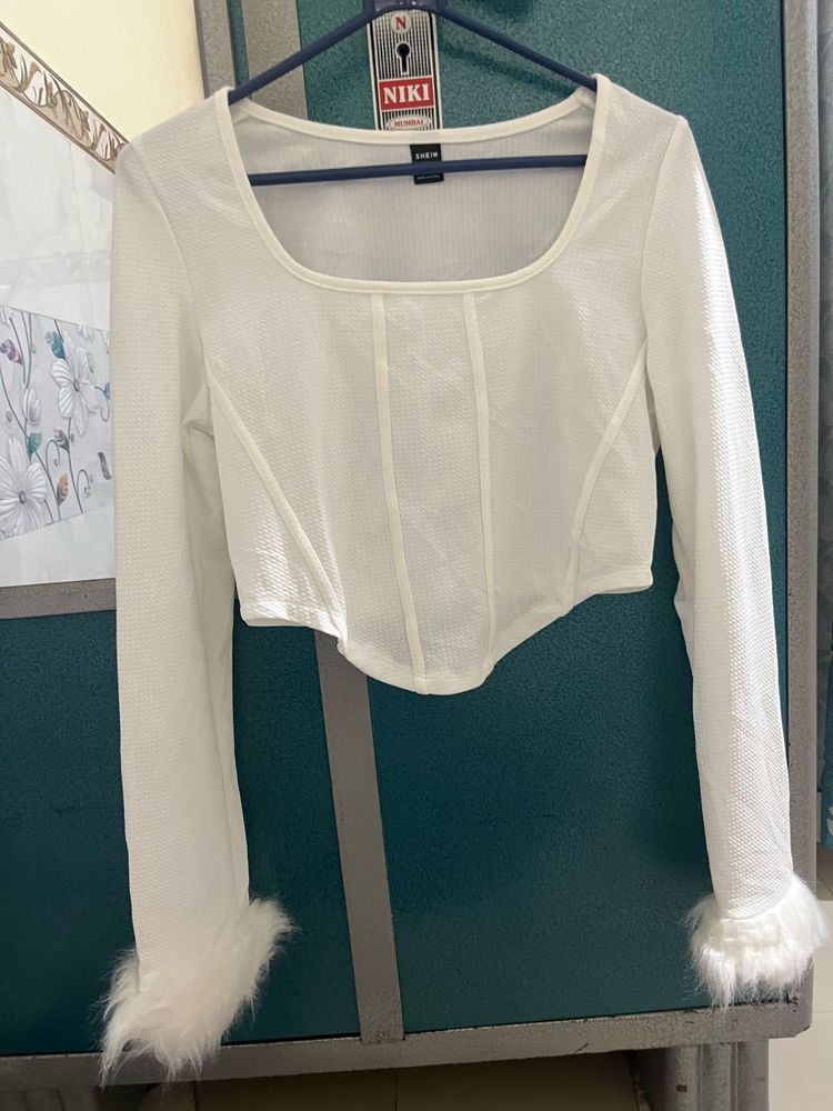 White Corset Style Mesh Top with Fur Cuffs