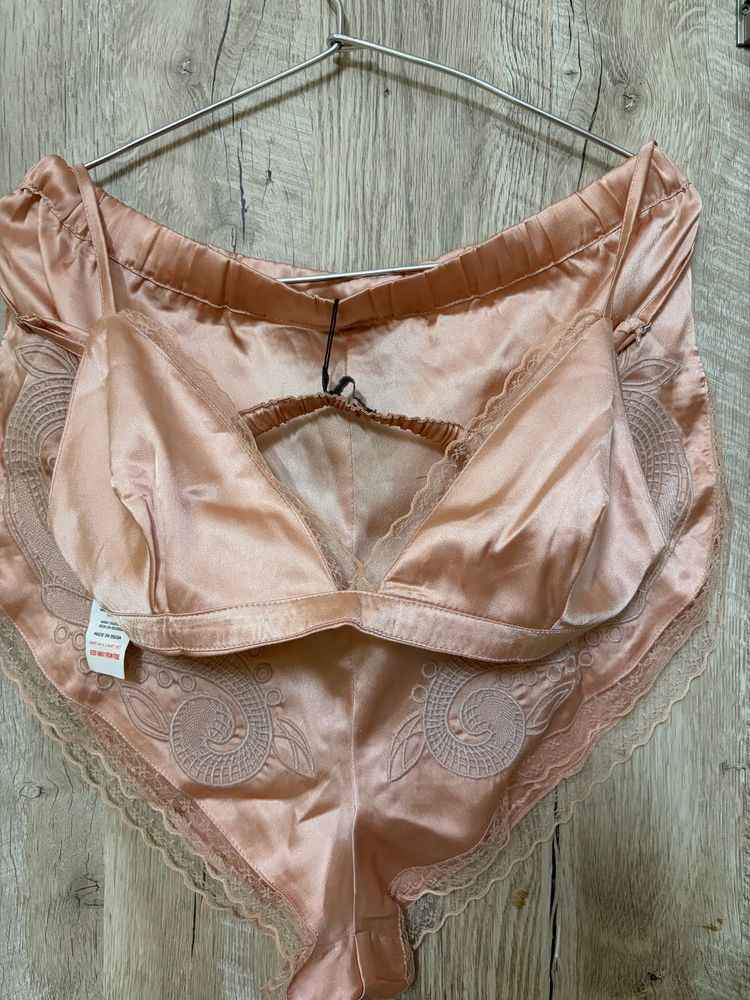 Satin Pajama Set with Lace Trim