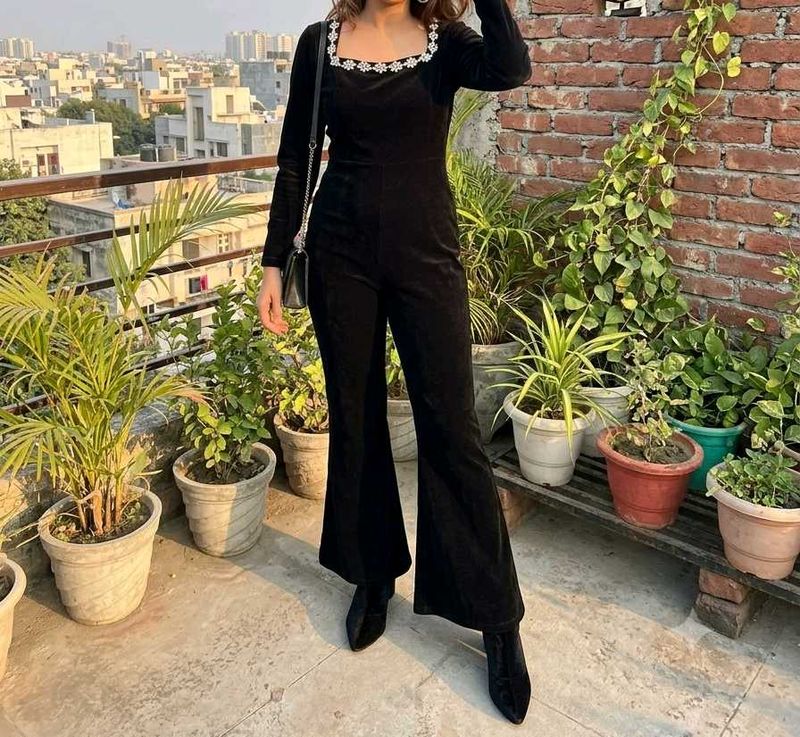 Elegant Black Velvet Jumpsuit
