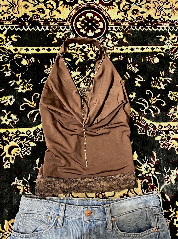 Brown Halter Neck Lace Trim Top (New)