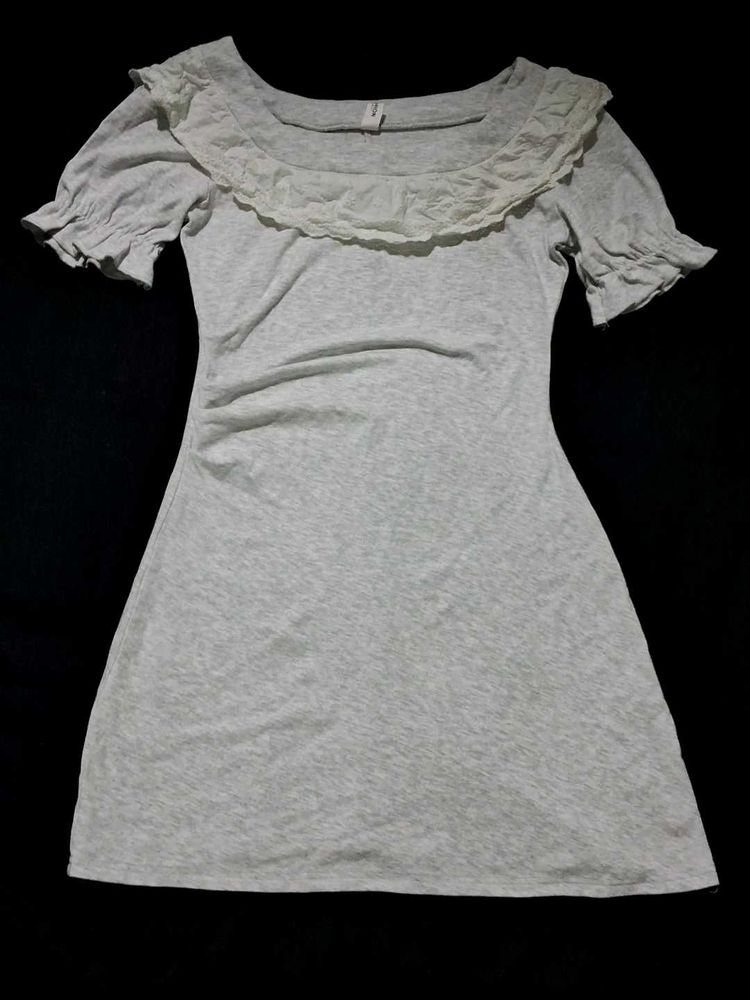 Grey Ruffle Neck T-Shirt Dress