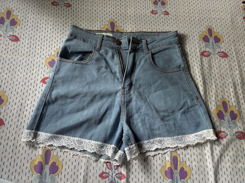 Cute Lace Trim Denim Shorts