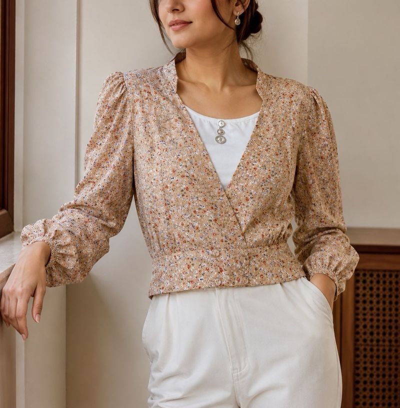 Floral Wrap-Style Layered Top – Beige Elegance