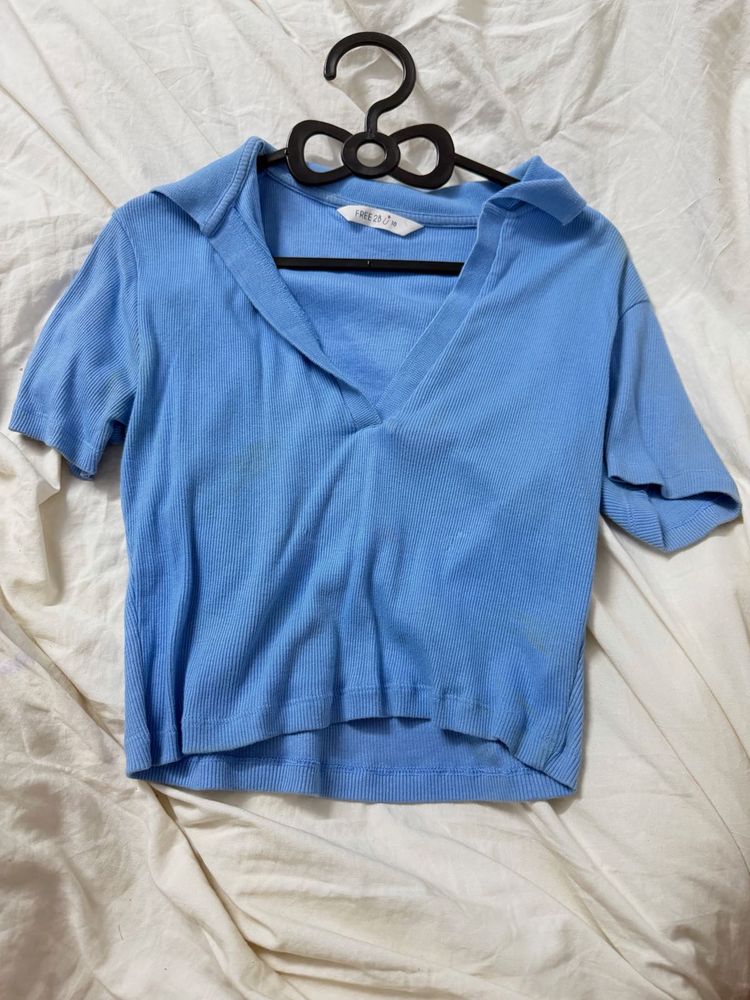 Blue V-Neck Short Sleeve Top