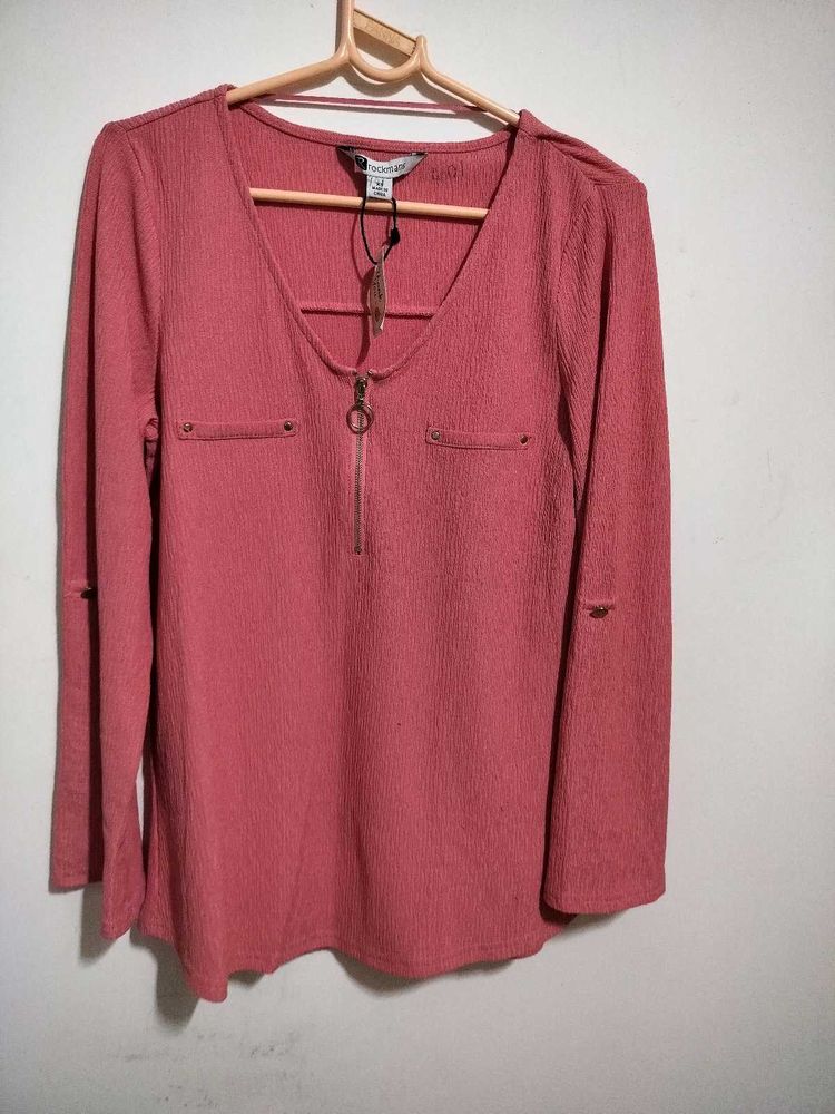 Women's Pink Textured Zip-Up Top