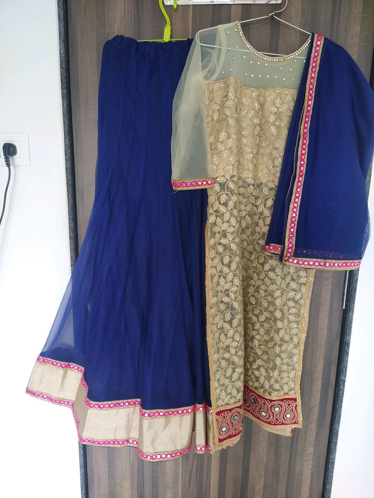 Indo western blue and beige color net with dupatta