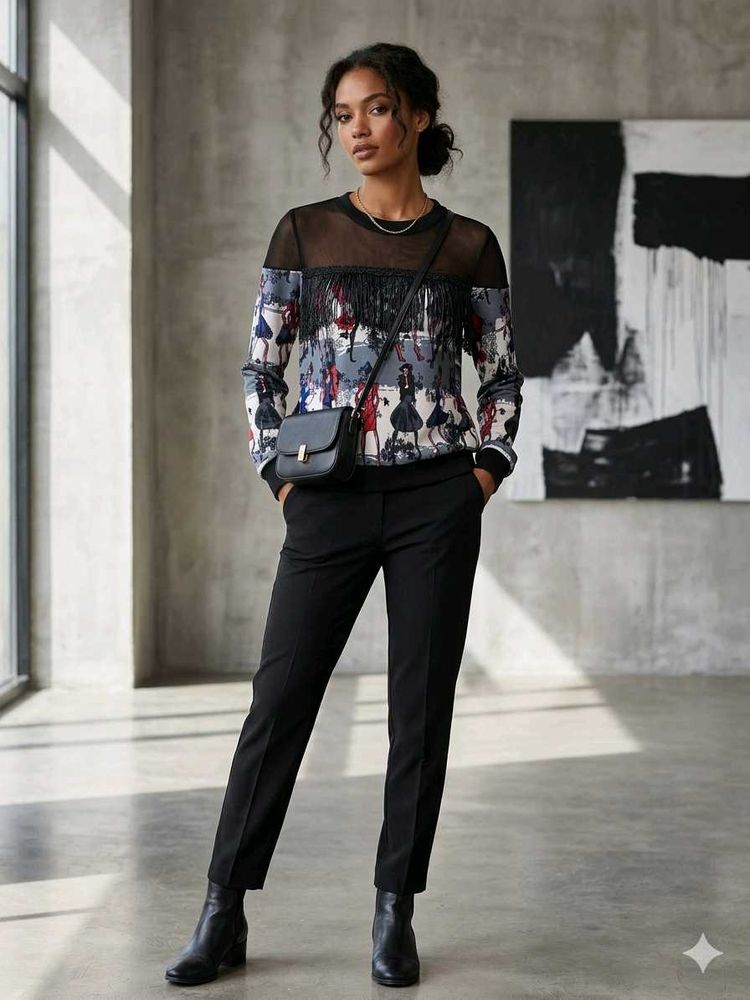 Chic Mesh &amp; Fringe Printed Top