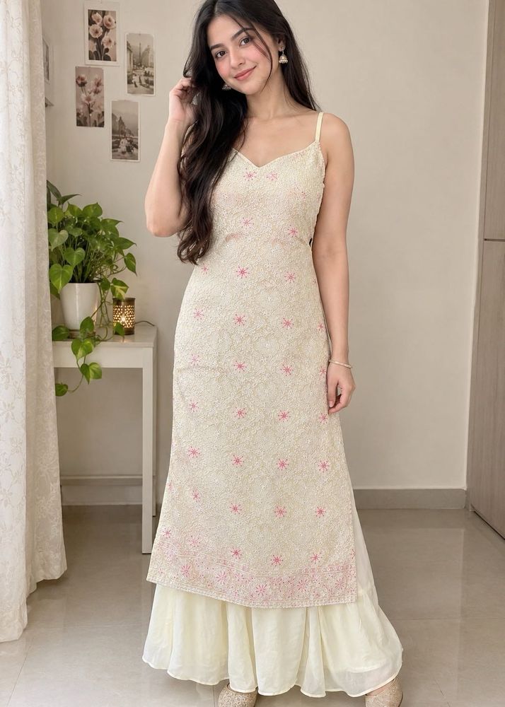 Elegant Cream Embroidered ready made plazo set
