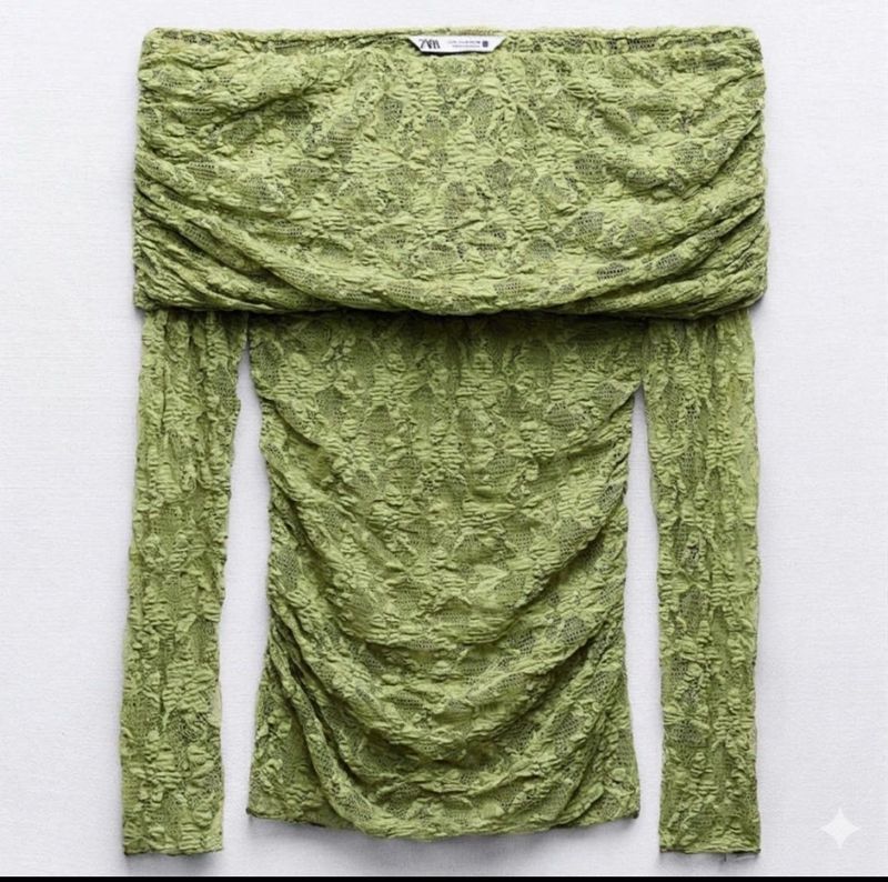 Zara Lime Green Ruched Off-Shoulder Top