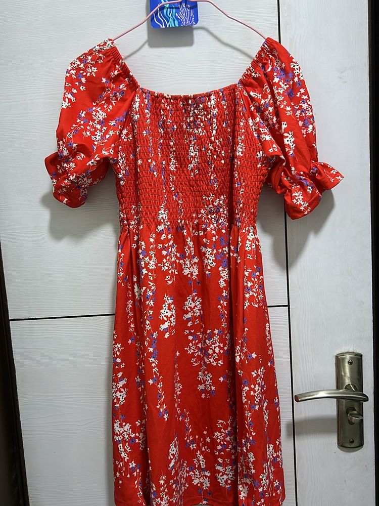 Chic Red Floral Smocked Dress