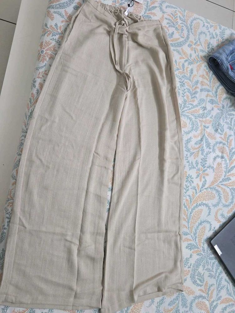 Beige Wide Leg Linen Pants