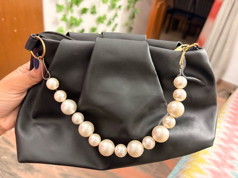 Chic Black Clutch with Pearl Handle