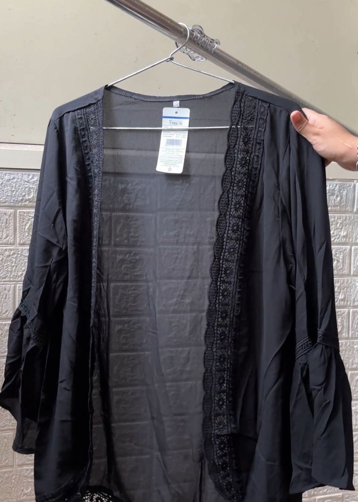Sheer Black Lace Trim Kimono Cardigan