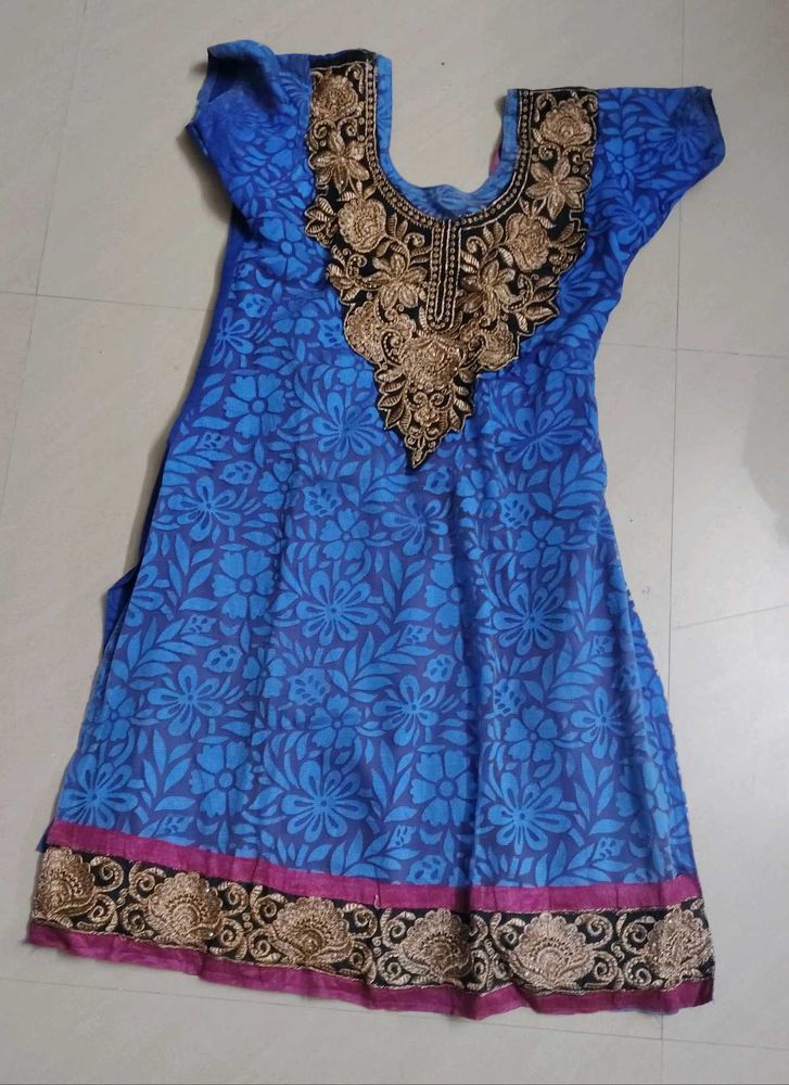 Blue Floral Kurta with Embellished Neckline
