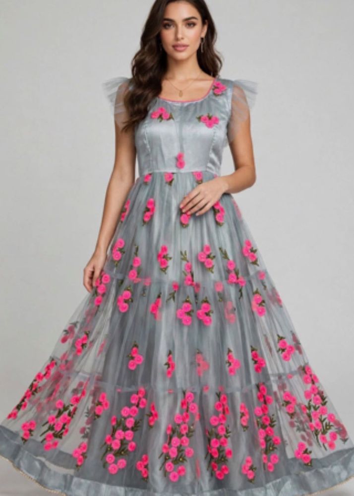 Grey Net gown with Pink Floral Embroidery