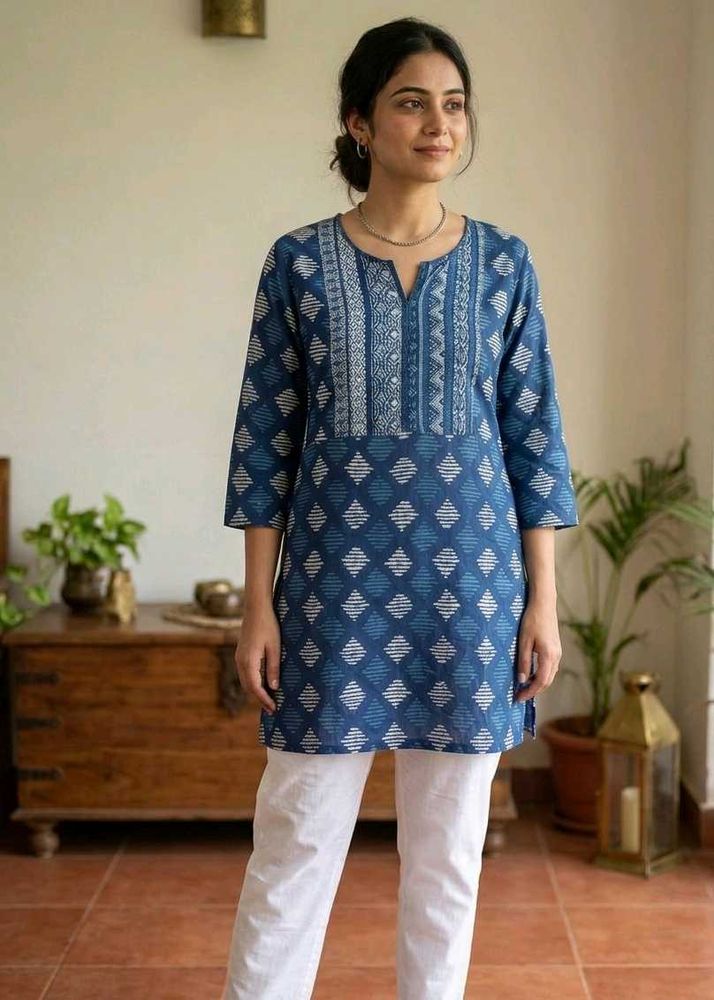 Blue Geometric Print Cotton Kurta