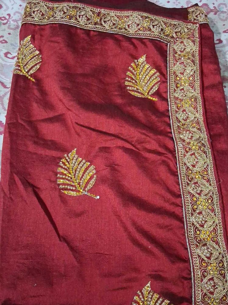 Maroon Embroidered Silk Saree