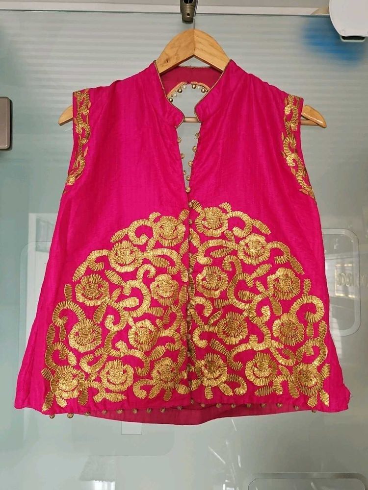 Embroidered Pink Ethnic Sleeveless Jacket