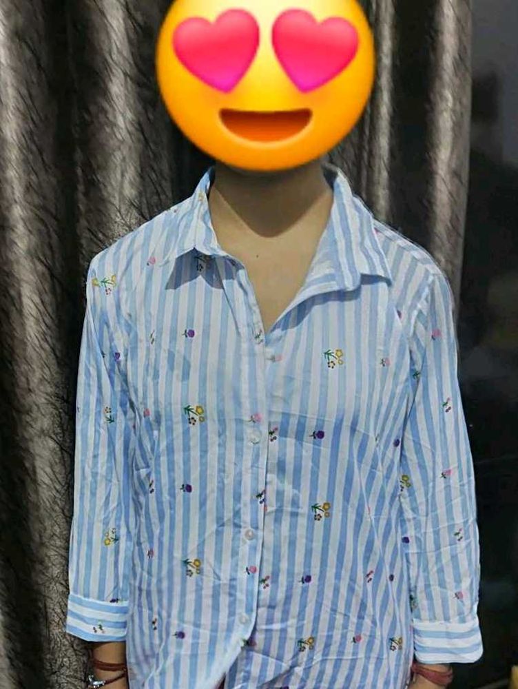Blue Striped Shirt with Fun Print