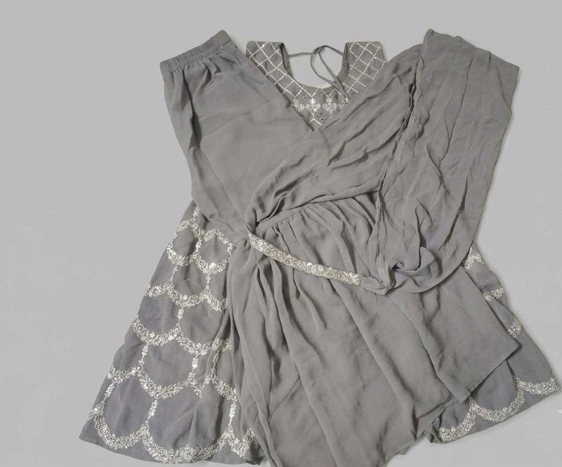 Elegant Lavender Grey Embroidered Sharara Set with