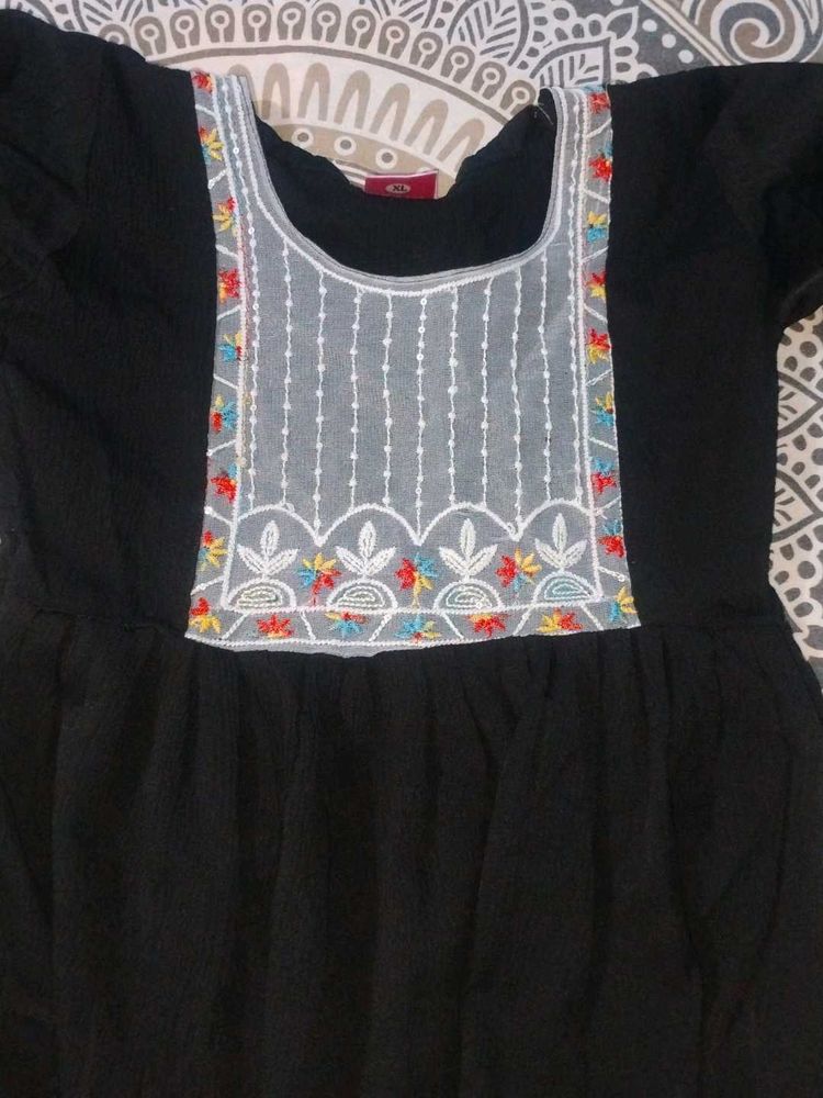 Elegant Black Kurta with Embroidered Neckline