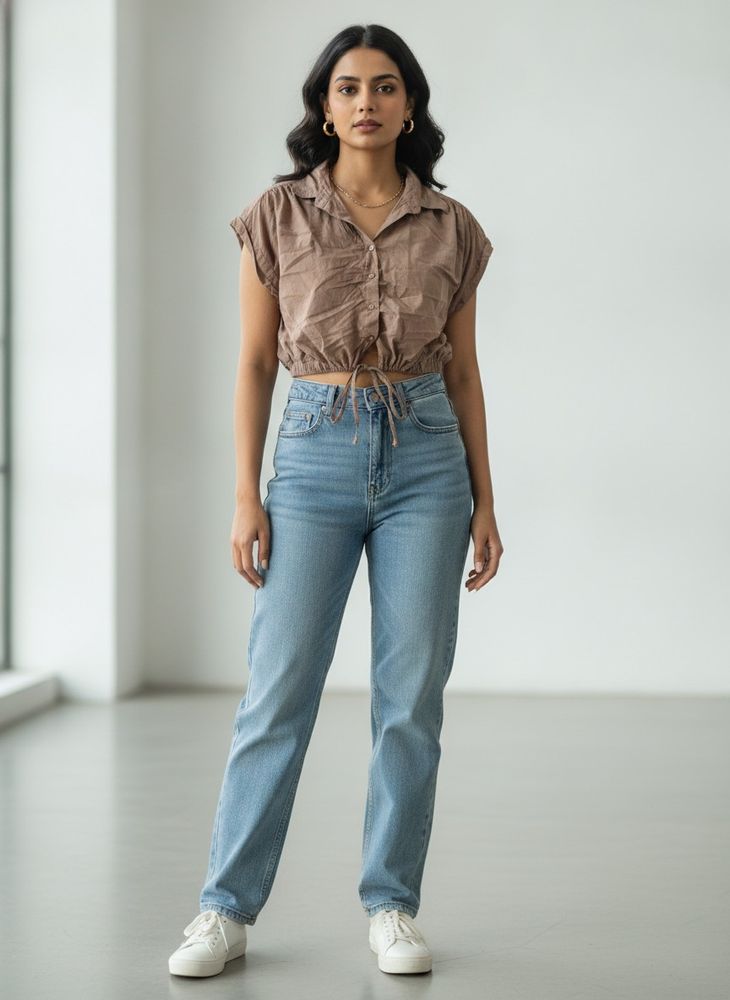 Brown Cropped Button-Up Shirt
