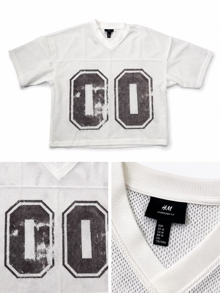 H&amp;M White Oversized "00" Mesh Jersey Top