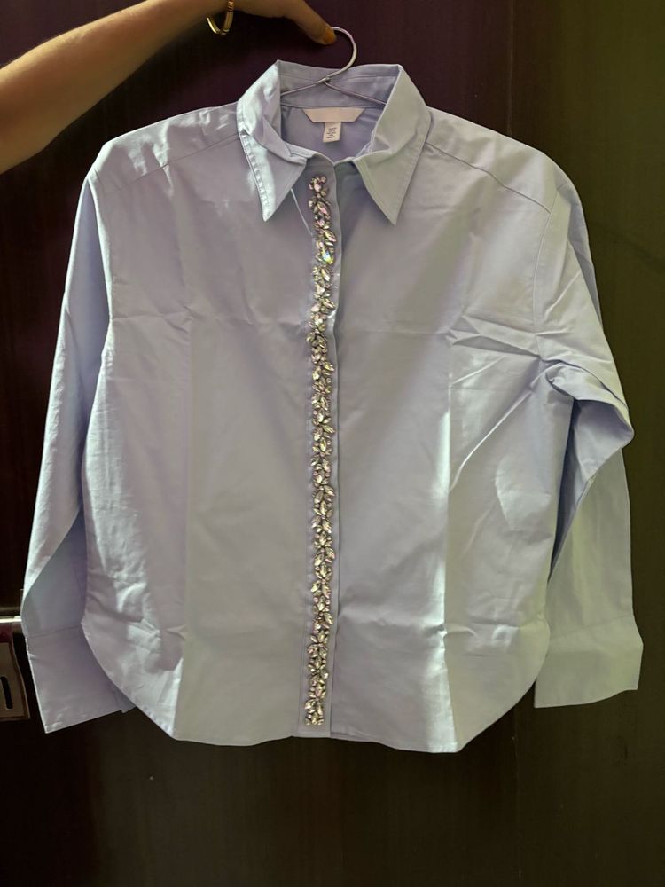 Light Blue Embellished Button Down Shirt