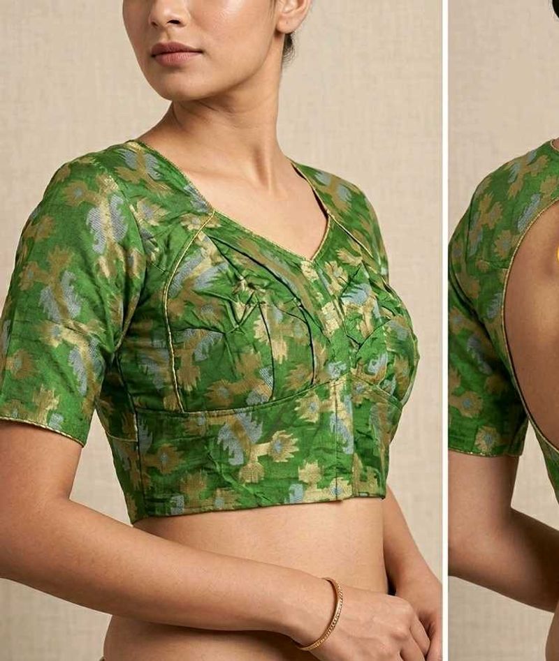 Green Brocade Blouse with Floral Motifs