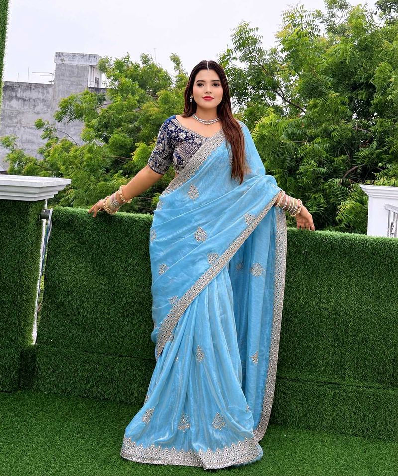 Elegant Blue Embroidered Saree